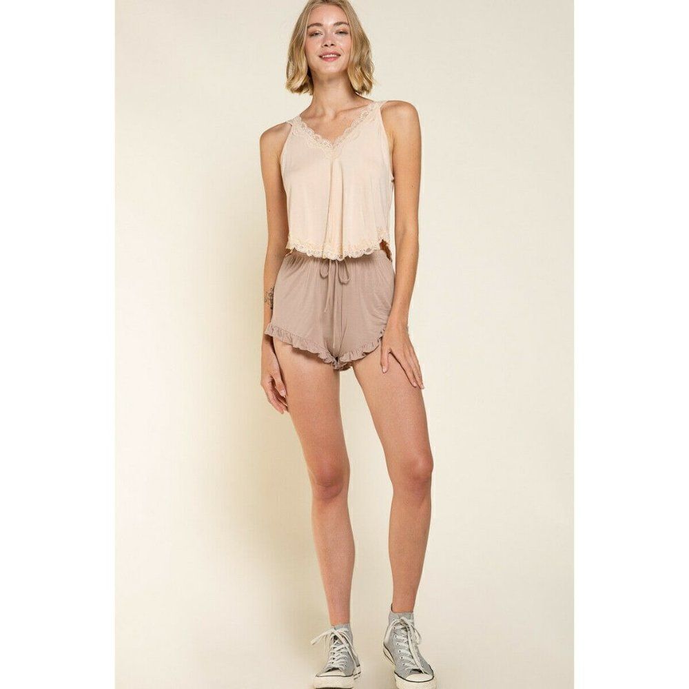 SALE! POL CLOTHING Beige Brown Drawstring Ruffle Comfy Shorts Spring Summer - Picture 4 of 5